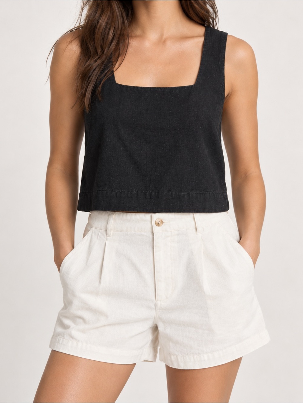 Abercrombie & Fitch Linen-Blend Black Square-Neck Tank Crop - Picture 1 of 3